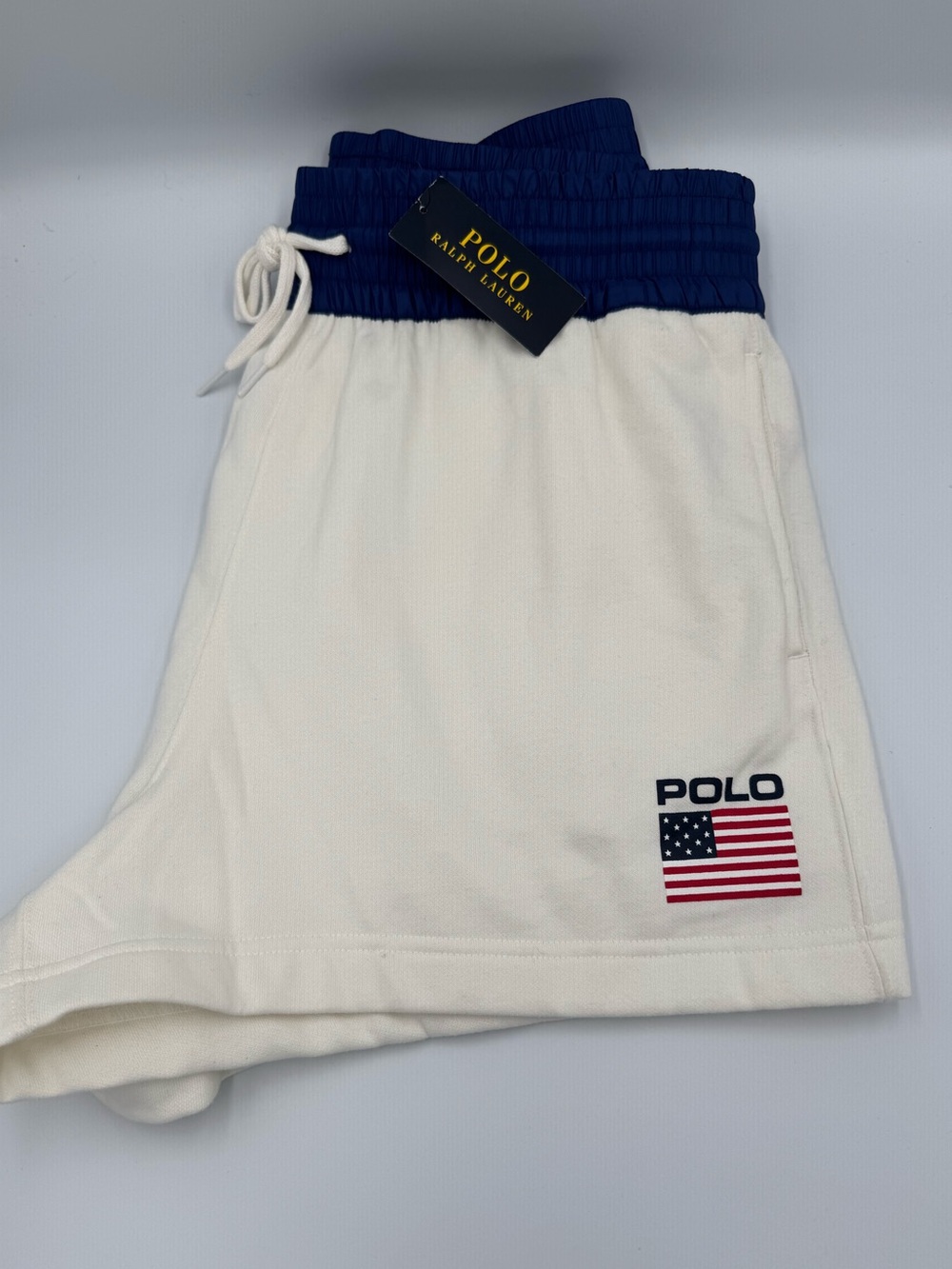 Polo by Ralph Lauren White Shorts with Navy Waistband & American Flag Accent 🇺🇸🆕